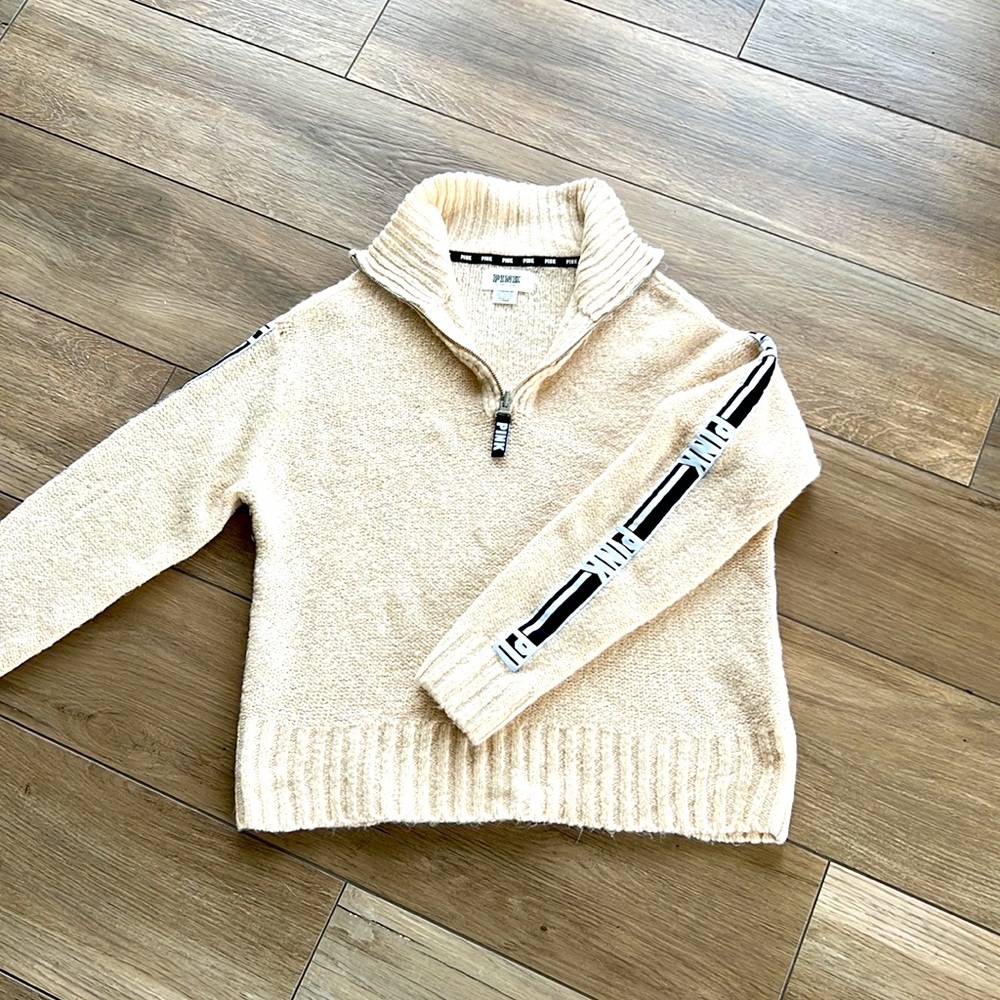✨HP✨Victoria Secret PINK Oversized Knit 1/4 Zip Pullover Sweater Logo Sl…
